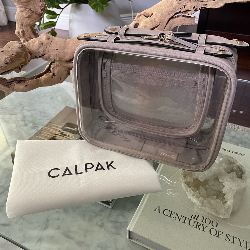 Calpak Large Clear Cosmetics Case Transparent Toiletry Bag with Tan Trim